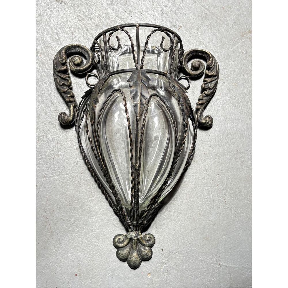 Vintage Twisted Wrought Iron Caged Clear Glass Wall Sconce Vase Planter 14in H
